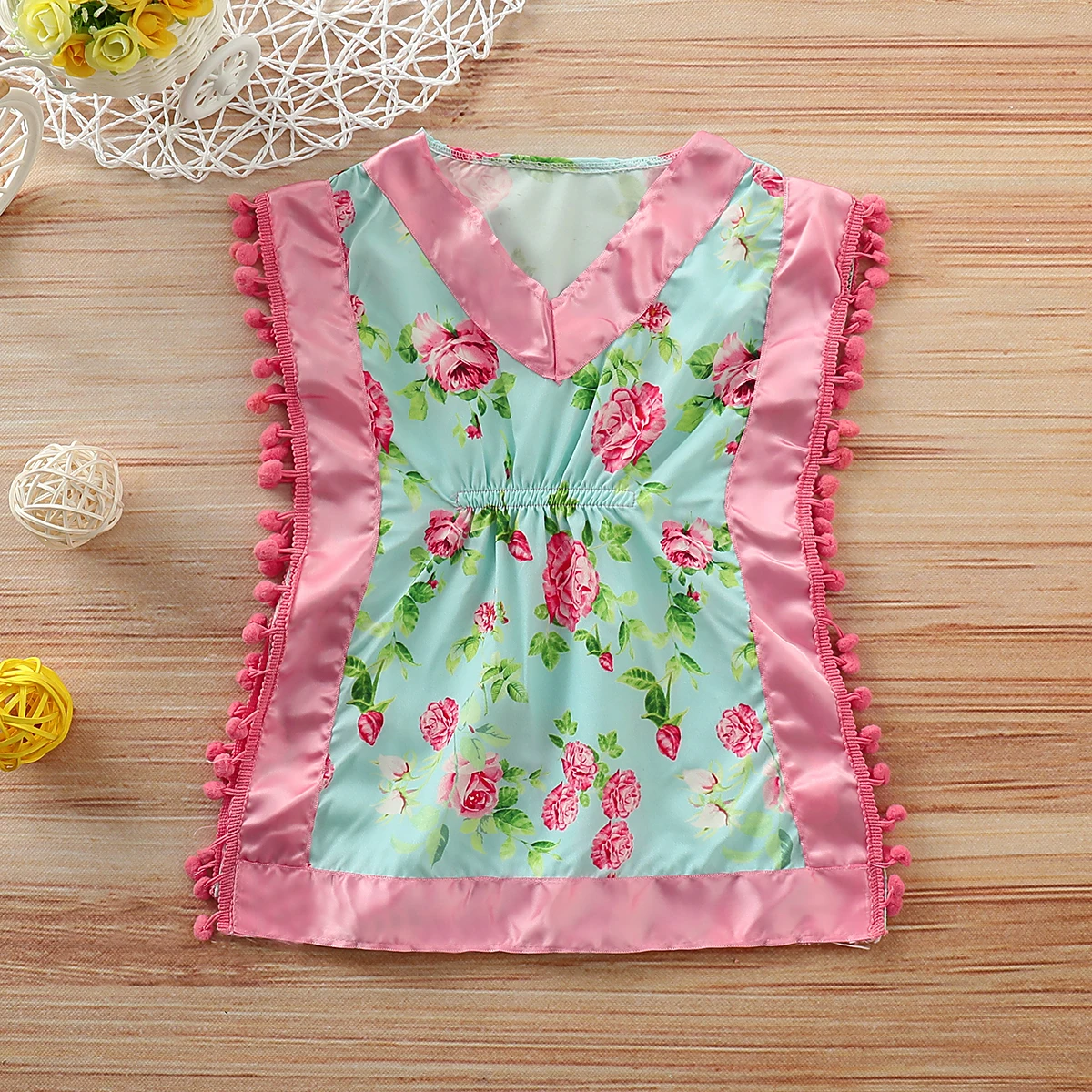 Ночная рубашка с цветочным принтом для маленьких девочек; без рукавов; с кисточками; хлопковое платье для сна с круглым вырезом - Цвет: Розовый