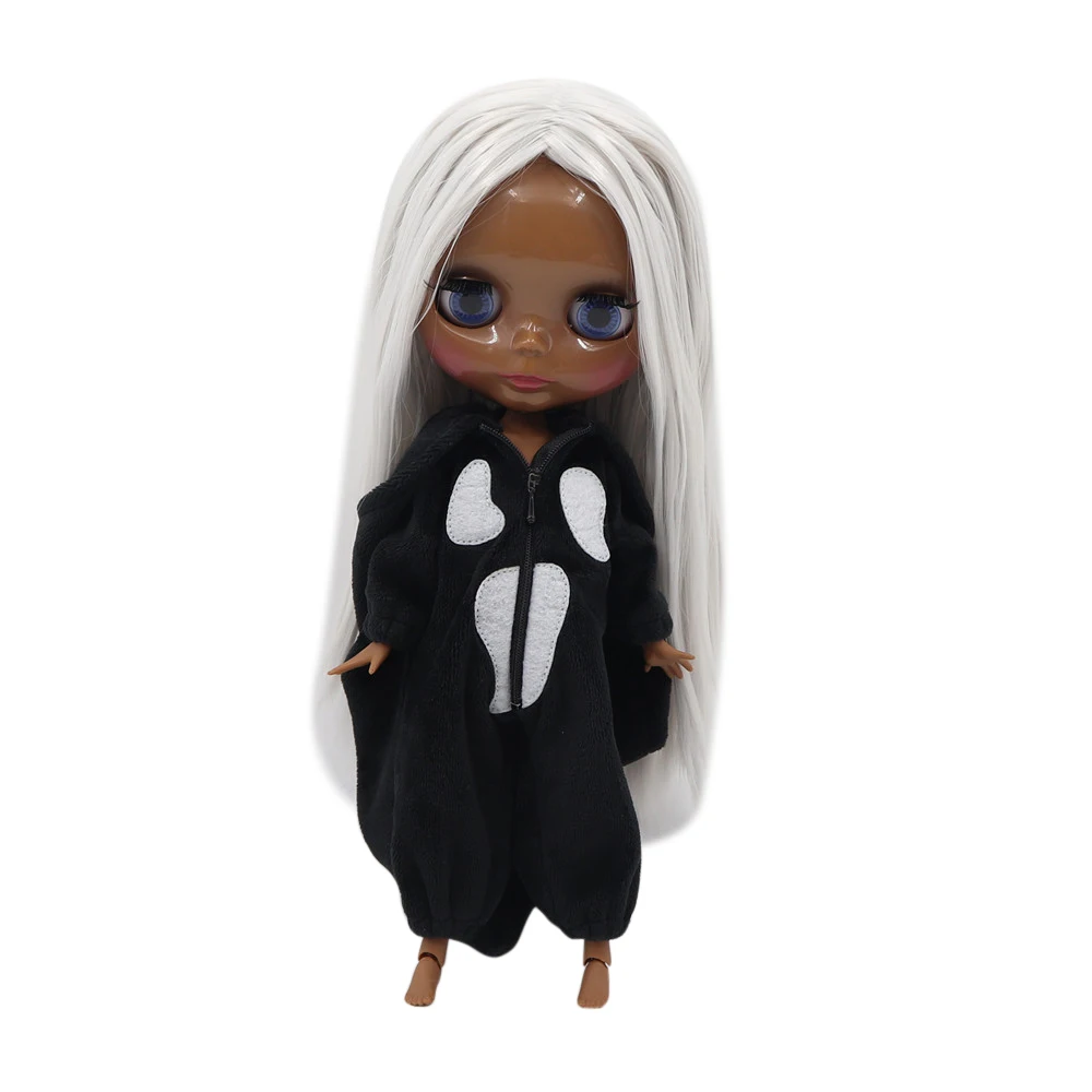 ICY DBS Blyth 1/6 bjd dolls No.BL1003 with super black skin and long white straight hair glassy face, nude joint body
