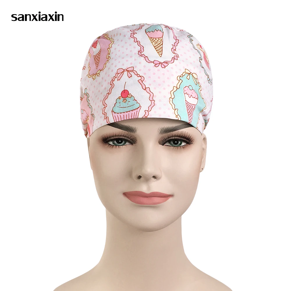 

sanxiaxin wholesale 100% Cotton Women Surgical Doctor Nurse Medical Cap Beautician Cap Printing Cotton Dome Scrub Surgical Cap