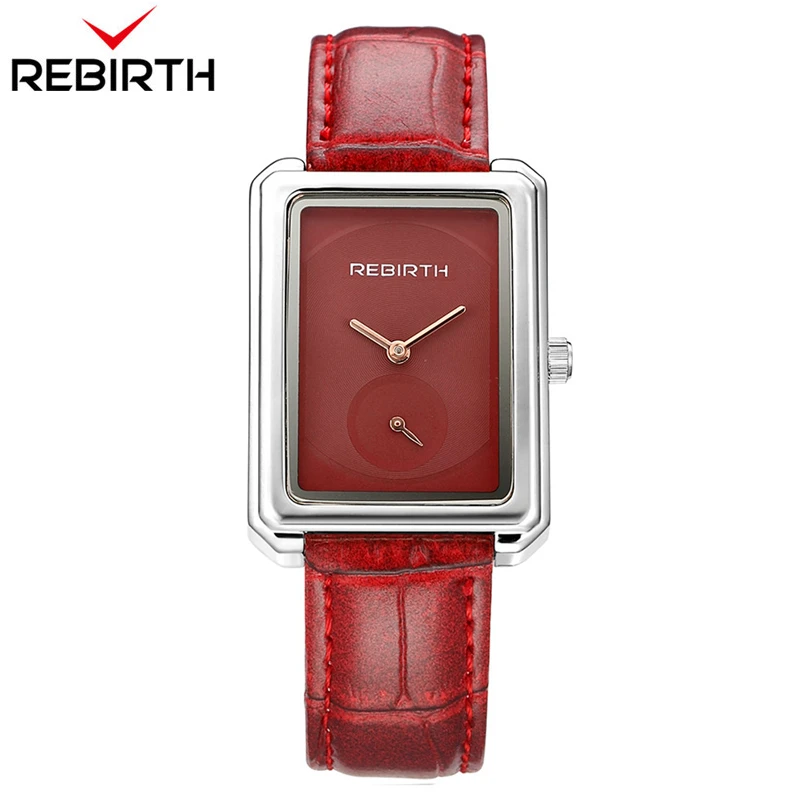 

REBIRTH Quartz Watch Women Rectangle Square Dial Leather Bracelet Watches for Girls Gift for Woman Relojes Para Mujer Watch Box