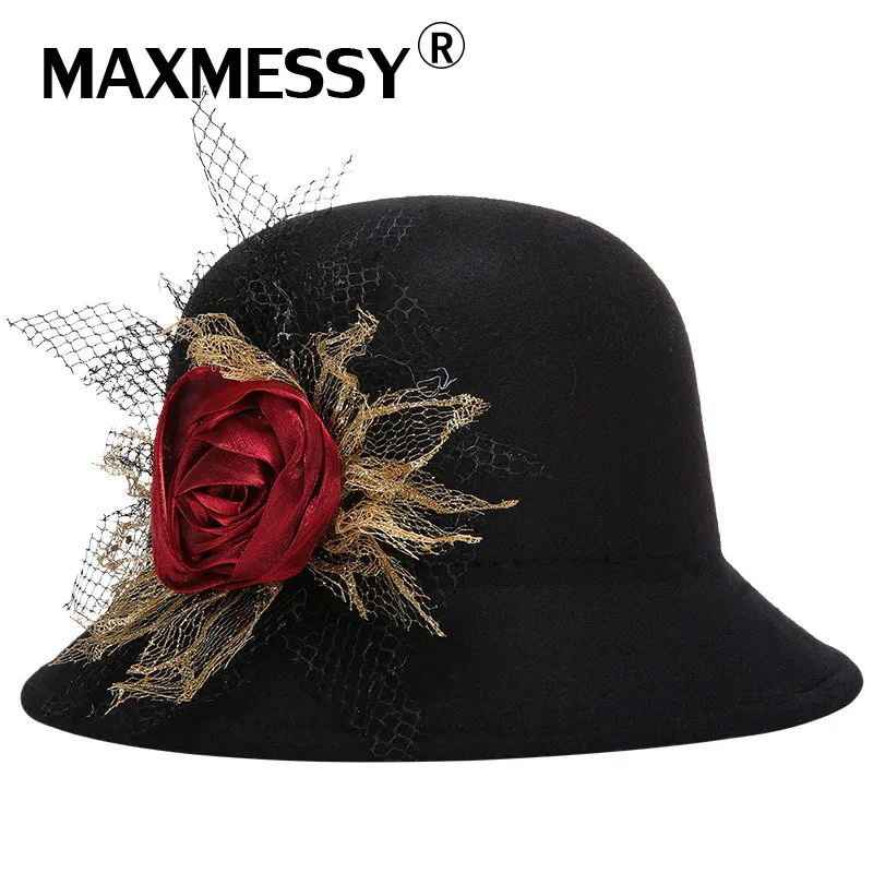 Maxmessy бренд Шляпы фетровые для женщин шапка для Для женщин Элегантный Шапки вуаль котелок розовыми цветами пюре Кепки Винтаж Женская