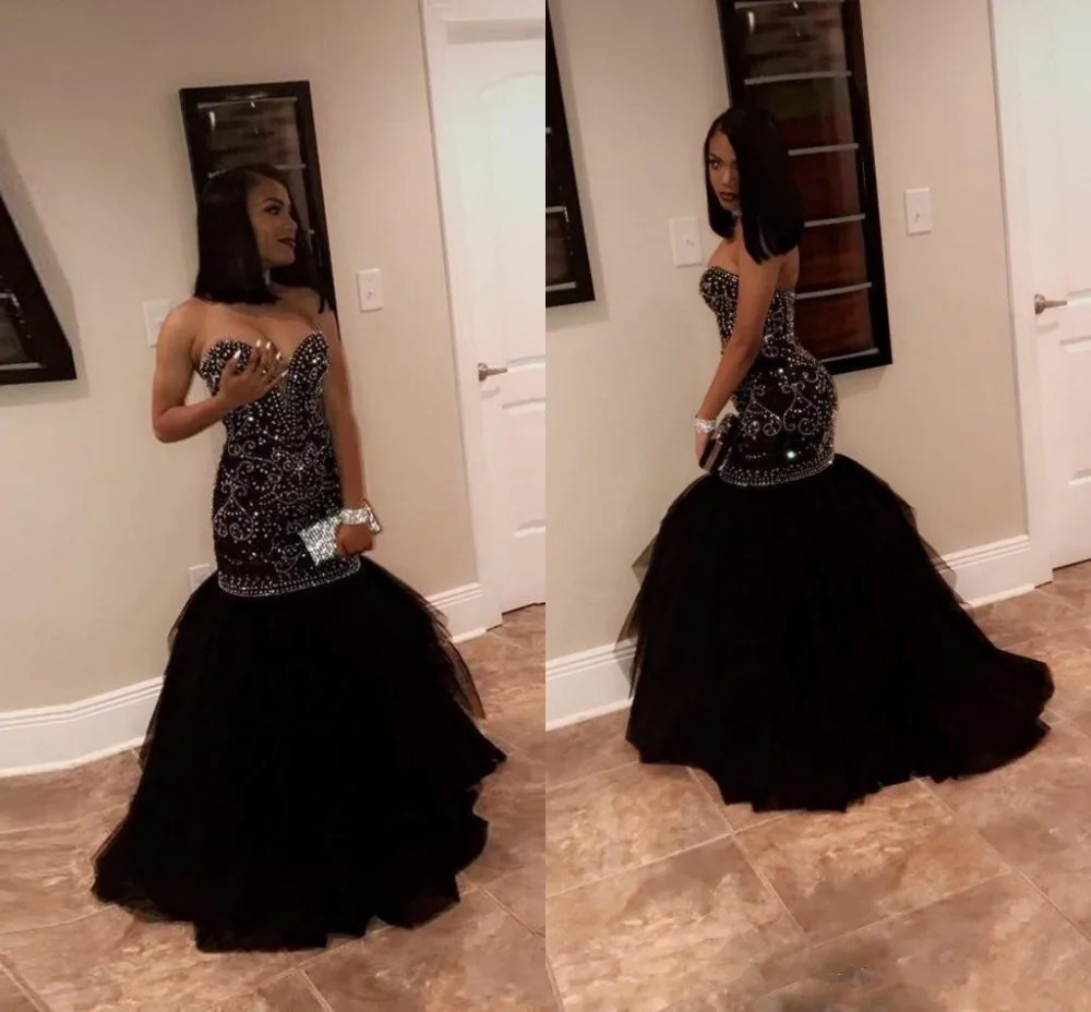 

Stunning 2018 Sparkly Crystal Beading Mermaid Prom Dresses Sweetheart Black Evening Party Gowns vestidos de gala Black Girl