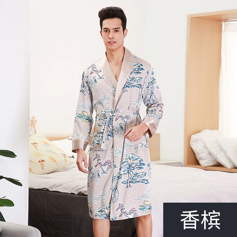 

Fashion Men's Silky Robe Kimono Bath Gown Casual Spring Home Wear Male Nightgown Sleepwear Sleepshirts Pijama Mujer L XL XXL
