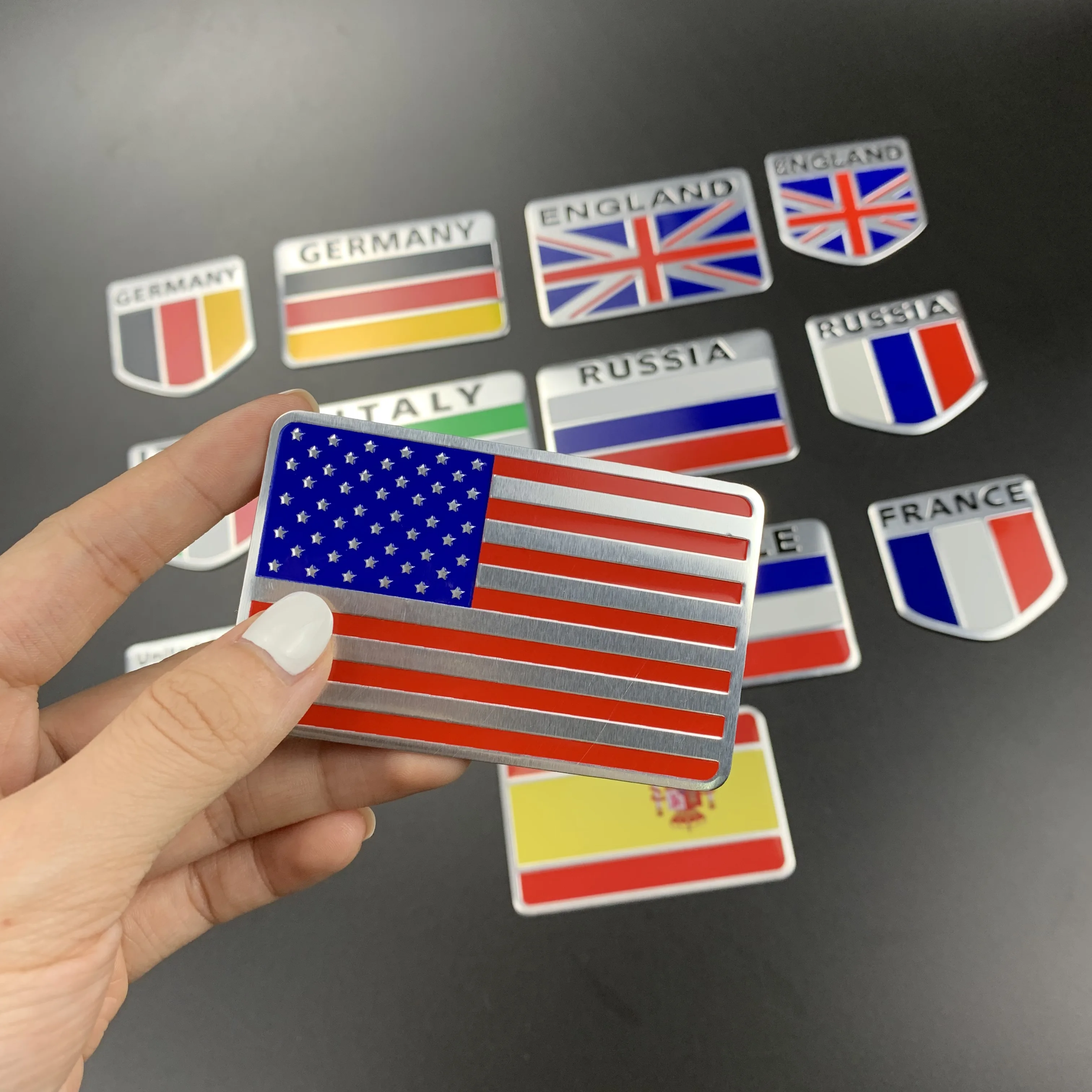 

Universal 3D Aluminum USA Russia France Germany Italy UK Spain Flag Square Car Sticker Car Modeling Accessories