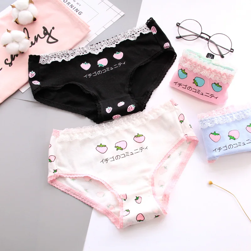 Pink strawberry Women Panties Lady Cotton Underwear Japanese Kawaii Girls Breathable Seamless Low Waist Briefs Underwear