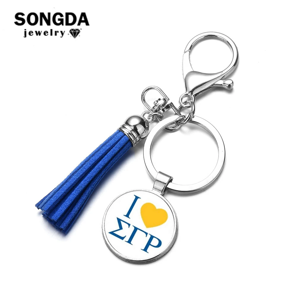 

SONGDA Greek Letters SGR Sorority Glass Photo Cabochon Keychains Sigma Gamma Rho Logo Key Chain Colorful Tassel Alloy Key Rings