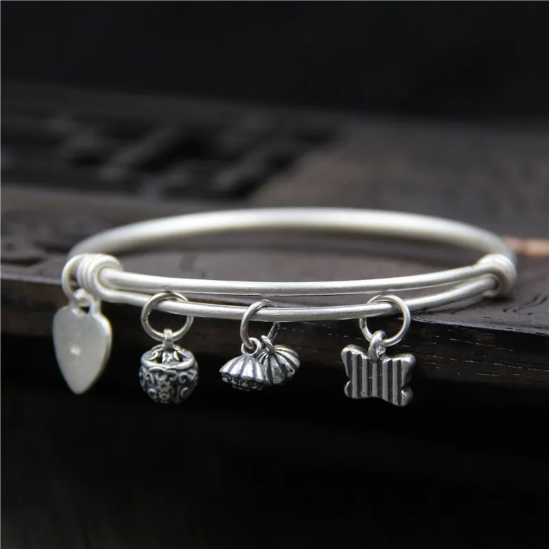 

C&R Real 999 Sterling Silver bangle for women charm bracelet retro Thai silver push and pull adjustable female Fine Jewelry
