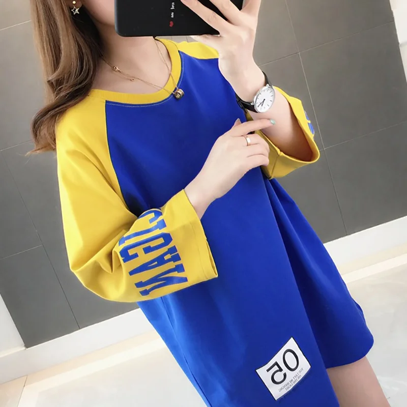 

Women's Korean Style Round Neck Color Block Letter Print Half Sleeve Pullover Women Long T-Shirt