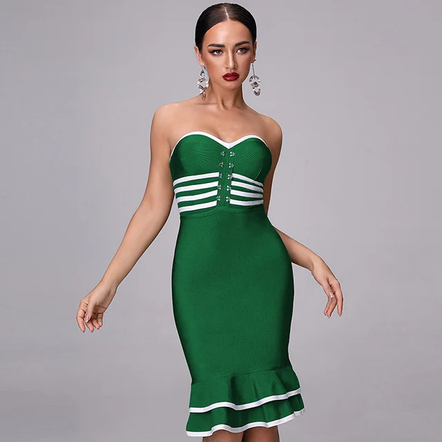2019New женские осенние фитнес вечерние платья зеленый черный фиолетовый полоса без бретелек с подолом рыбий хвост сексуальные Клубные платья Бандажное платье с рюшами - Цвет: Зеленый