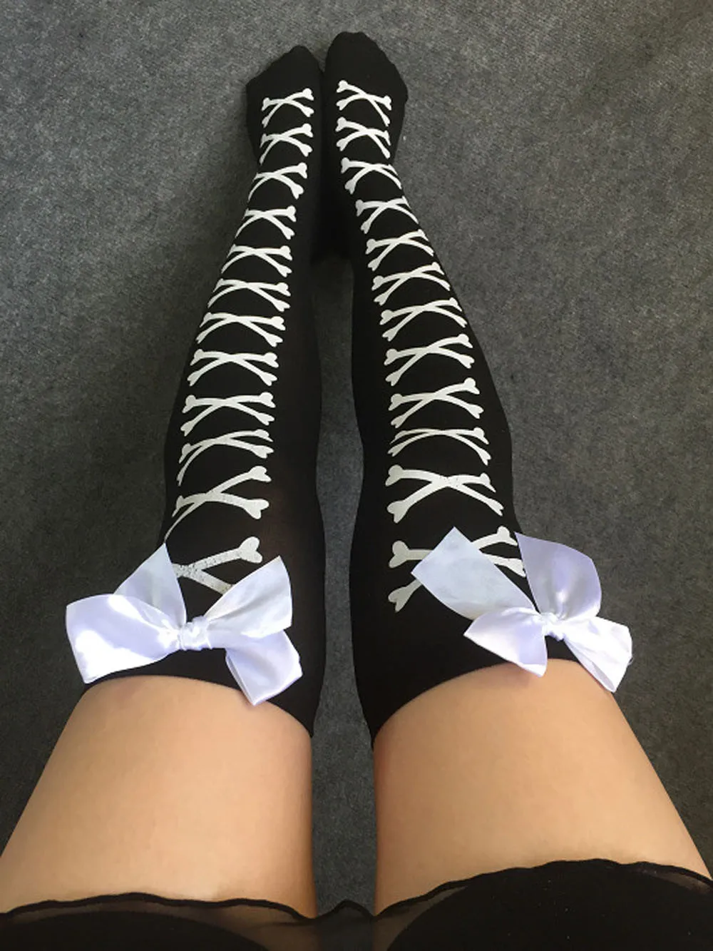 Women Long Over Knee Thigh-High Socks Sexy Skarpetki Boot Sock Bone Print Butterfly Bow Knot Meia Calzini #W