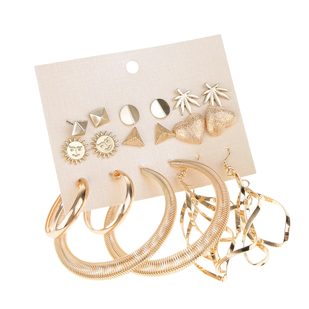 9 Pairs Multi Style Stud Geometric Sun Heart Leaf Loop Earrings Sets Mixed gold color Tone Bohemian Earring | Украшения и