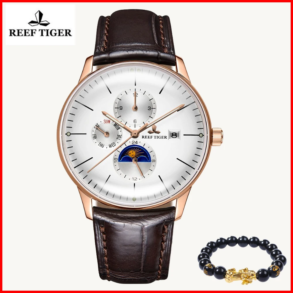 

Reef Tiger/RT 2019 Fashion Casual Watches Men Sports 50M Waterproof Resistant Rose Gold Brown Leather Automatic Mechanical Watch