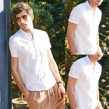 

Men Summer Beach Solid Short Sleeve V-Neck Linen T-Shirt Shirts Slim Fit Casual Top Shirt Bloose 2019 new