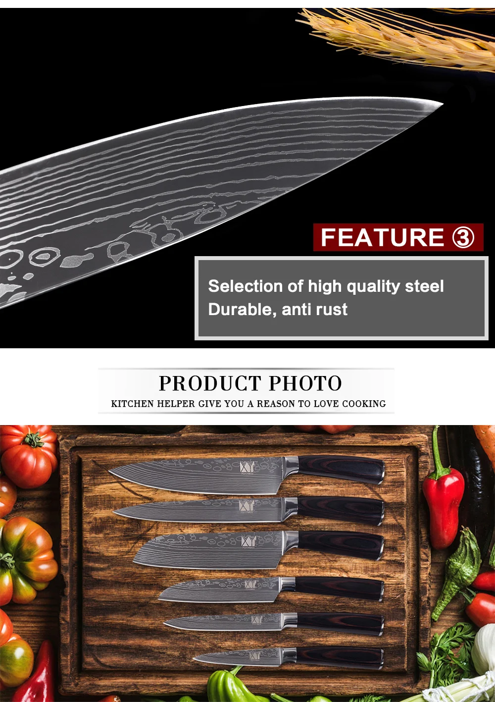 XYj абсолютно нож из нержавеющей стали, кухонные ножи 3," 5" " 7" " 8" 7Cr17, нож из нержавеющей стали с цветной деревянной ручкой, кухонные инструменты