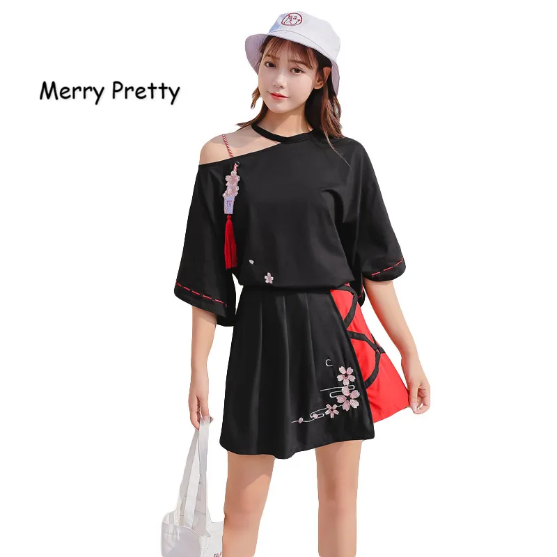 

Merry Pretty Summer Women's Sets Floral Embroidery Asymmertric Short Sleeve Black Tshirts + Elastic Waist Mini Skirt Girls Suits
