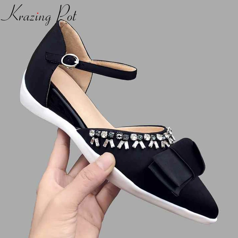 

Krazing Pot vintage 2019 silk natural leather crystal bling wedge pointed toe summer buckle straps bowtie vulcanized shoes L86