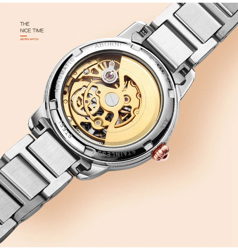 ABORNI Творческий Скелет женские часы механические Автоматические женские наручные часы из нержавеющей стали золотые роскошные часы relogio feminino
