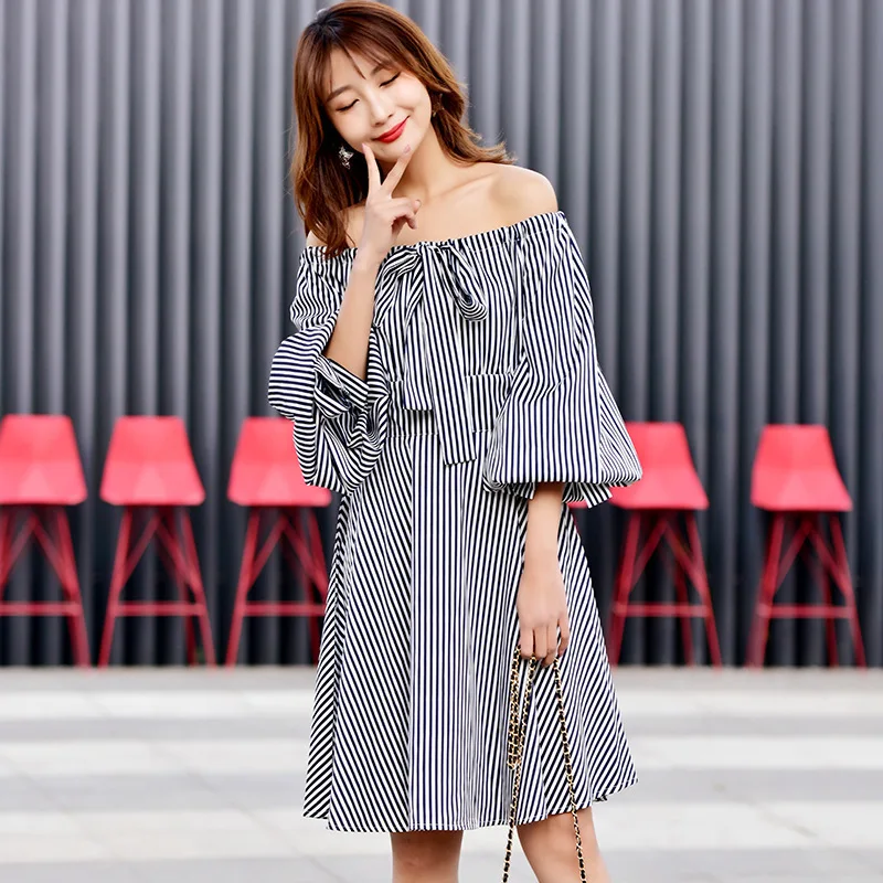 [EWQ] 2019 summer new Korean style Stripe Lantern Sleeve Slash neck off Shoulder strap loose Ladies clothing women dress QG96901 |