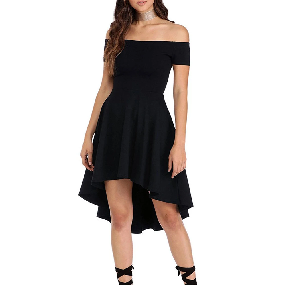 Женское платье летнее с открытыми плечами сарафан модные вечерние с коротким рукавом вечернее мини асимметричное - Цвет: Black