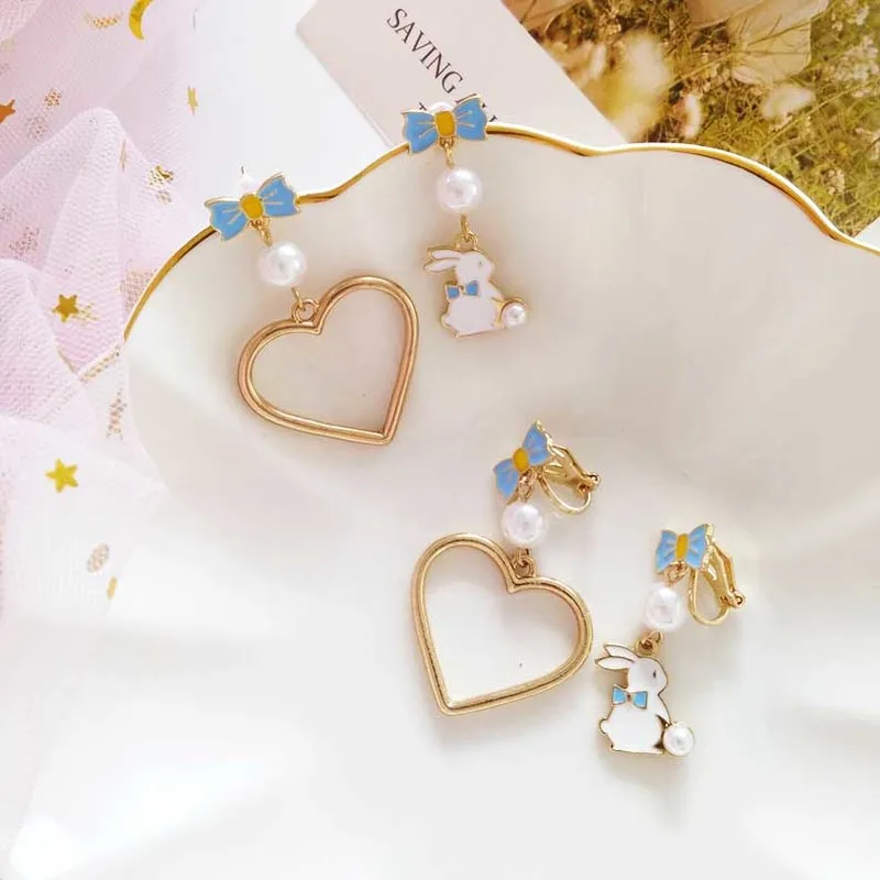 

Fashion Girl Metal Texture Love Bow Shape Rabbit Dangle Earrings Korea Female Women Simple Asymmetry Jewelry Accessories