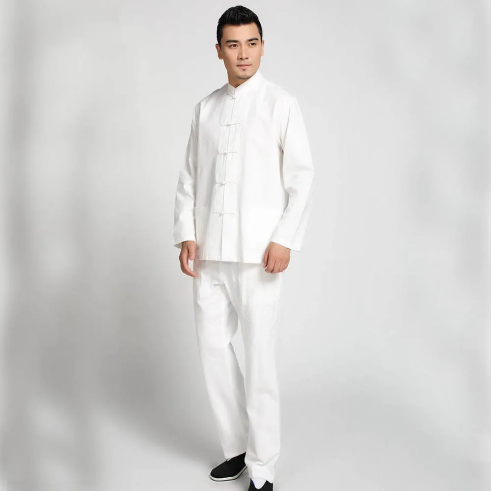 Novelty Chinese Men Solid Kung Fu Suit 100% Cotton Loose Wu Shu Tai Chi Sets Jacket&Trousers M L XL XXL 3XL 4XL YZT090610
