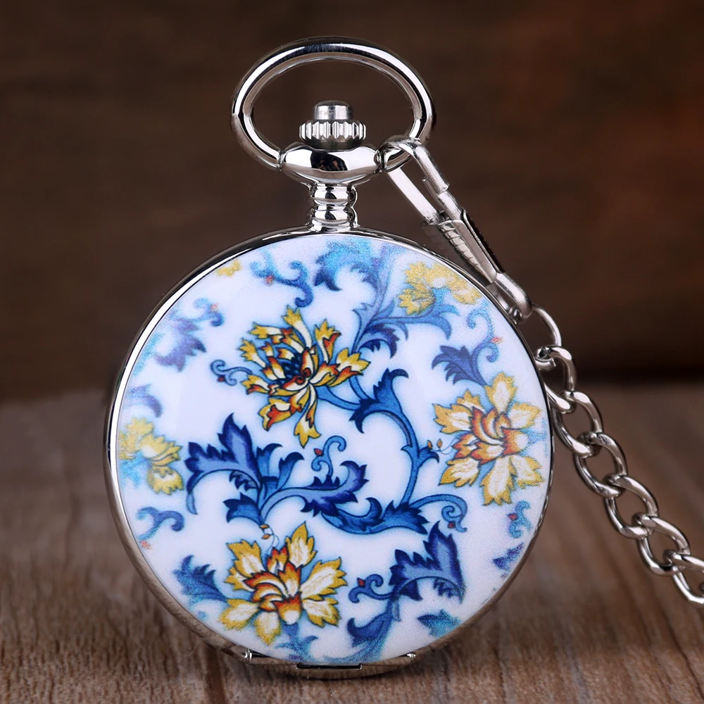 Antique Chinese Retro Porcelain Flower Ceramic Mechanical Pocket Watch Roman Number Men Women Pendant Chain Gift | Наручные часы