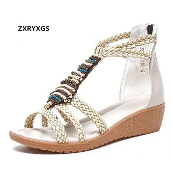 

2019 Newest Beaded Hand-woven Fashion Sandals Open Shoes Woman Summer Casual Sandals Flat Comfort Soft Large Size Women Sandals