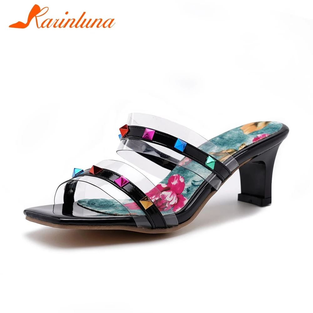 

KARINLUNA Brand New Big Szie 32-44 Print Ladies High Heels Mules Shoes Woman Casual Party Outside Summer Slippers Female