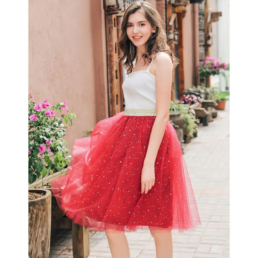 

Summer Women Star Glitter Dance Tutu Skirt For Lady Sequin 4 Layers Tulle Adult Lace Pettiskirt Women Chiffon