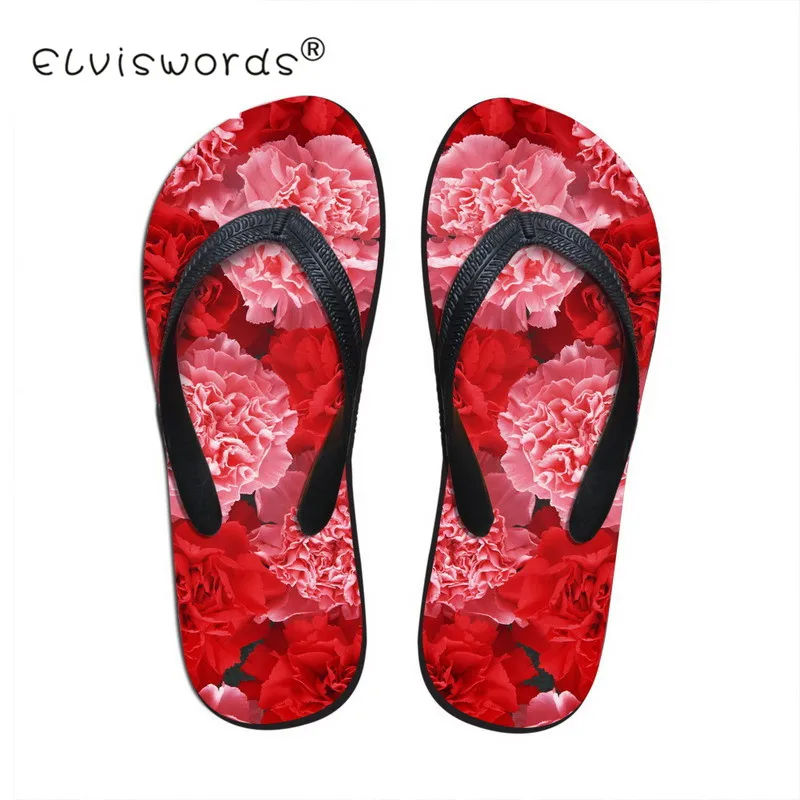 

ELVISWORD Red Flowers Women's Slippers Summer Beach Holiday Sandals Girls Couple Home Flat Shoe Flip Flops