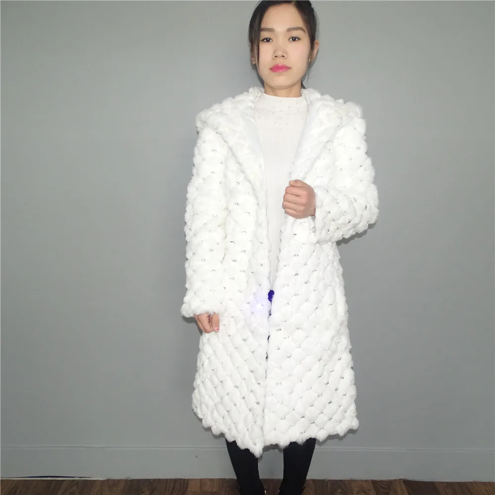 

MLHXFUR 100cm White Rabbit Fur Diamond Hooded Cap Jackets Jacket Rex Rabbit Fur Coats Hooded Hoodie Coat Outwear Garment