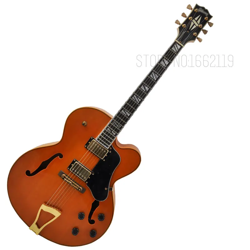 

New Arrival Jazz L-5 Electric Guitar Tiger flame sides-back spruce Top broad Ebony fingerboard Orange Color Gold Accessories
