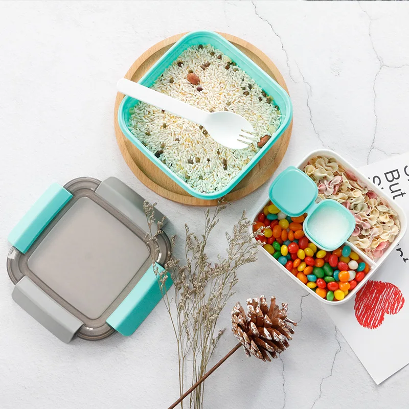 

2 Sizes Double-Layer PP Large Capacity Lunch Box Four Buckles Multi-Grids Bento Box with Spoon Designed Fork for kids Aldults