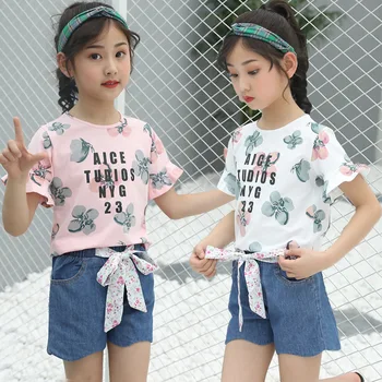 

Little Girls Summer Bohemia Floral Short Sleeve T shirt+Denim Shorts Pants 2pcs Clothing Sets For Girls Princess Clothes Sets