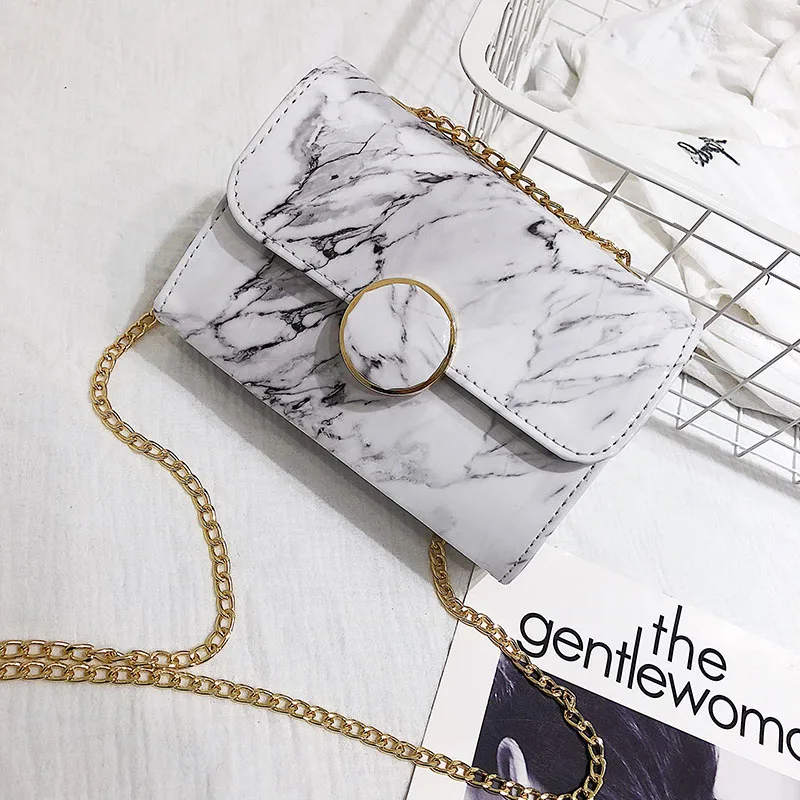 

Creative Women Marble Stone Pattern Patent Leather Handbag Ladies Flap Mini Chain Bags WML99