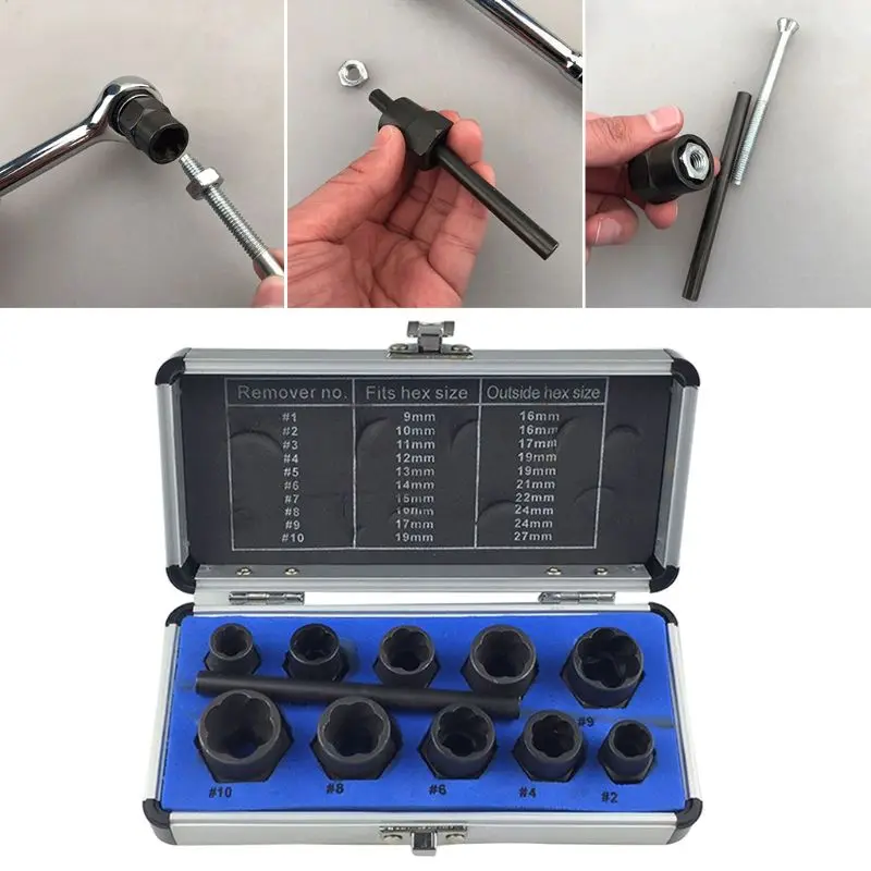 

11Pcs Damaged Bolt Nut Screw Remover Extractor Nut Removal Socket Set Kit With Box Home Portable Threading Hand Repair Tools