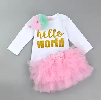 

3PCs/Set Long Sleeves Baby Girls Glitter Hellow World Letters Print Romper Six-layers Tutu Flower Headband for 0-24Months