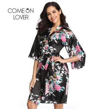 

Comeonlover Night Gown For Bridesmaid Robe Elegante Half Sleeves Print Floral Kimono Robe Midi Length Satin Robes Women RE80743