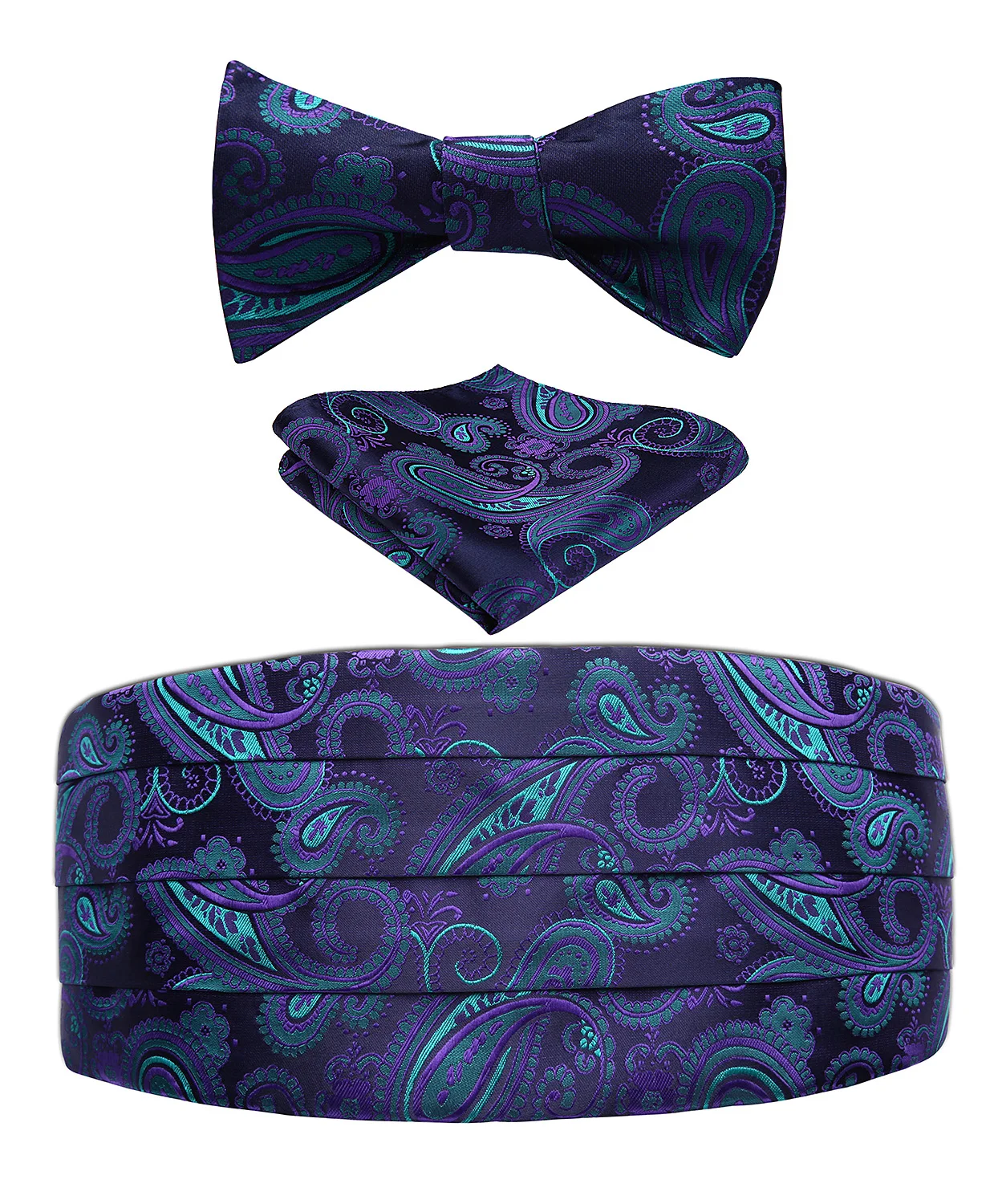 Men's Formal Paisley Flower Solid Cummerbund Self Bow Tie & Pocket