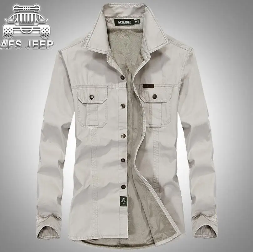 Зимние мужские рубашки с мехом и бархатом, теплые осенние, хлопок, карго, повседневные, винтажные, плотная подкладка, сварные, аккуратно выпирают, AFSJEEP - Цвет: silver grey