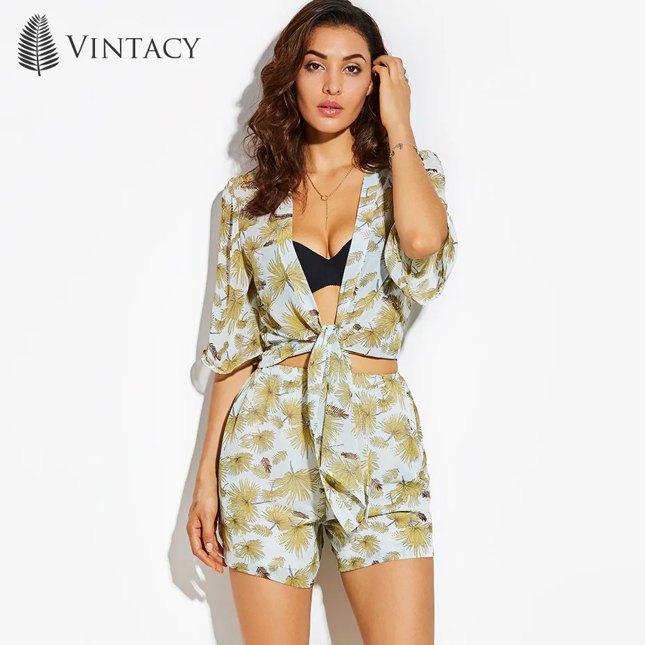 Vintacy Women Kimono Cardigan Blouse Yellow Plant Print