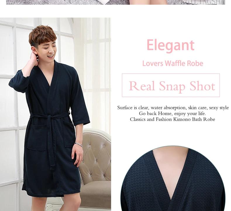On Sale Lovers Summer Suck Water Kimono Bath Robe Men Plus Size Sexy Waffle Bathrobe Mens Dressing Gown Male Lounge Robes mens pajama pants