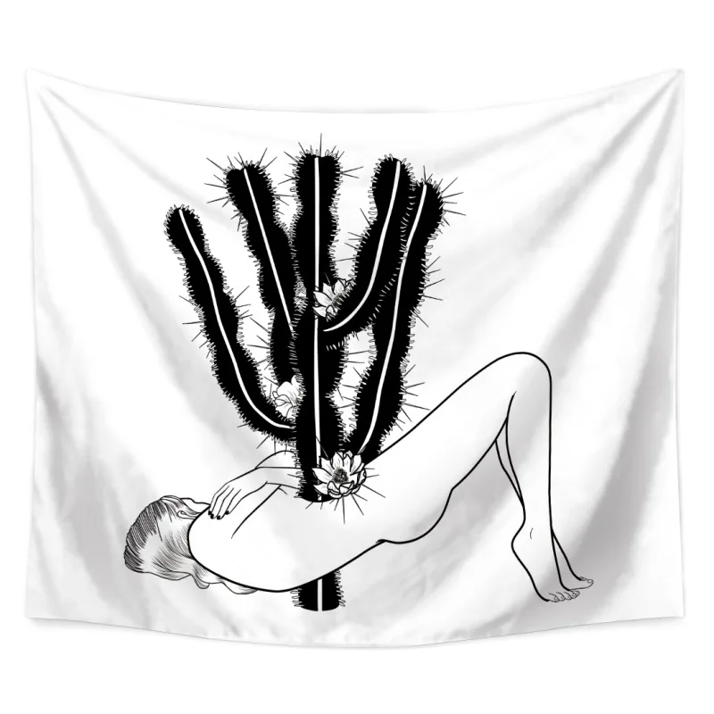 

Black and White Cactus Printed tapiz Abstract Painting Lightweight Polyester Fabric Wall Decor Hanging Tapestry 59" x 51