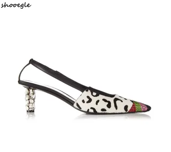 

SHOOEGLE Fashion Week T-Show Sandals Women Mixed Color Diamonds Sandals Square Toe Kitten Heels Crystal Pumps Party Heels 2019