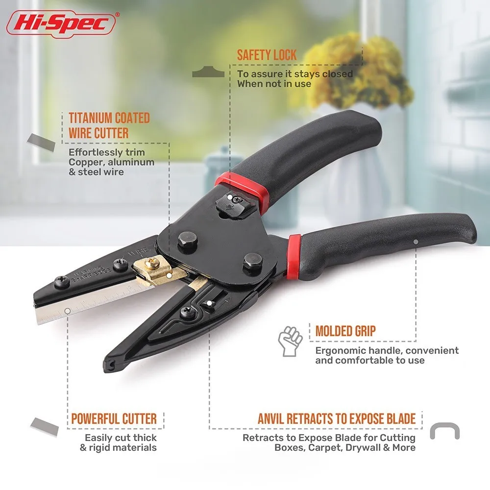 Hi-Spec Multi Functional Scissors Shears Cutter Titanium Coated Wire Cutter Cutting Tool Built-In Utility Knife with 3pc Blades Hi-Spec Multi Functional Scissors Shears Cutter Titanium Coated Wire Cutter Cutting Tool Built-In Utility Knife with 3pc Blades