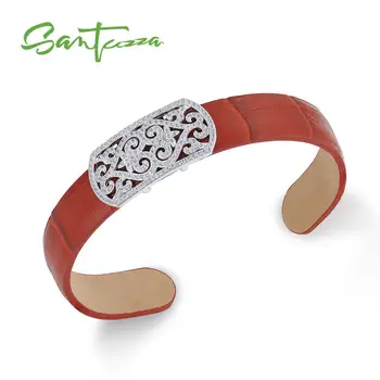 

SANTUZZA Silver Bracelet Bangles for Women Men 925 Sterling Silver Adjustable Bangle Red Genuine Leather Chic Fashion Jewelry