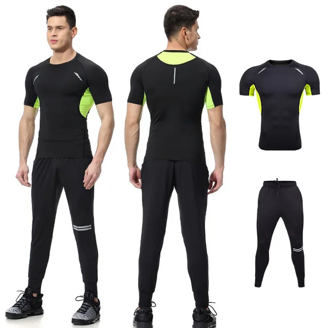 black green Фитнес-плотно спортивная одежда комплект для бега футболка с коротким рукавом Леггинсы 2 шт. компрессионный костюм Мужской Быстросохнущий Спортивный костюм - Цвет: black green