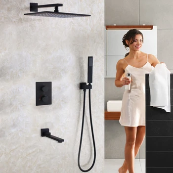 Price DULABRAHE Blacken Bathroom Shower Faucet Set 12 Inch Rainfall Bathroom Shower Head Bath Shower Mixer Tap