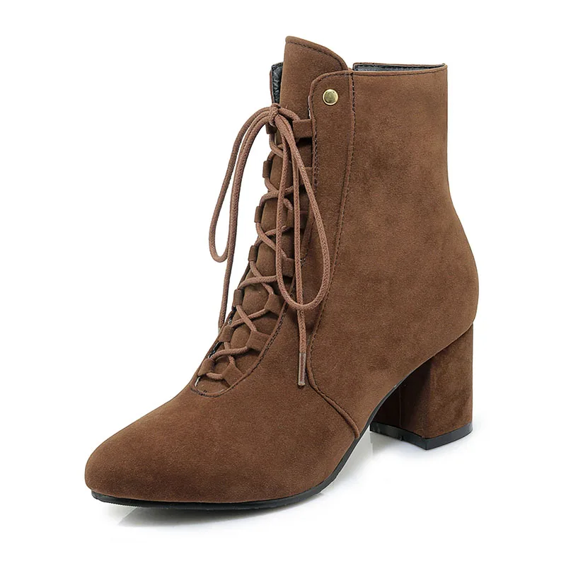 JK/женские ботинки на высоком каблуке ботильоны с перекрестной шнуровкой зимняя теплая обувь с круглым носком модная женская обувь Большие размеры 34-48 - Цвет: brown short plush