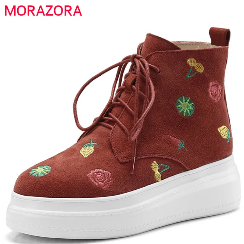 

MORAZORA 2018 top quality suede leather ankle boots women lace up round toe autumn winter boots fashion casual platform shoes